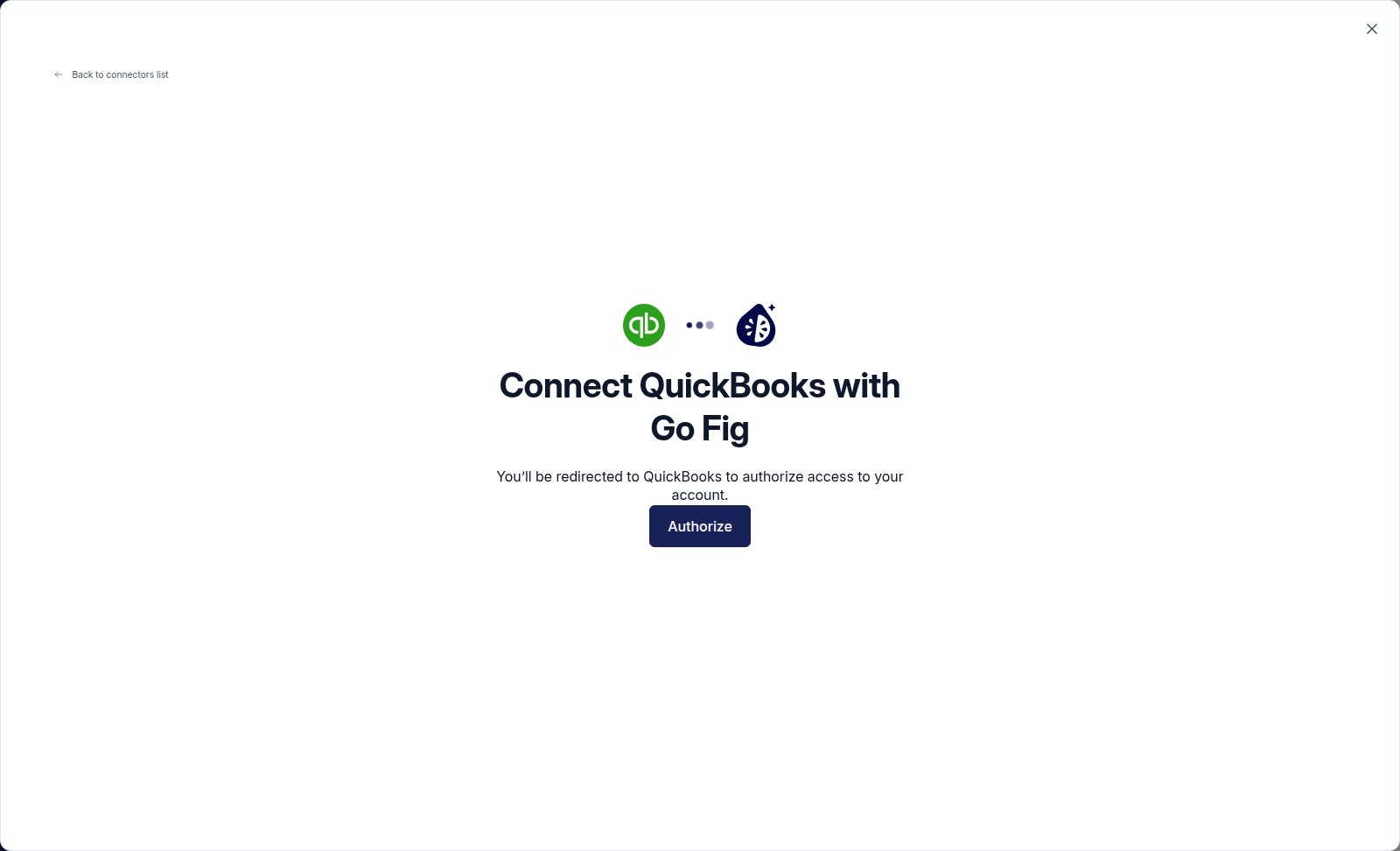The QuickBooks connect screen with an Authorize button to redirect to QuickBooks for account access.