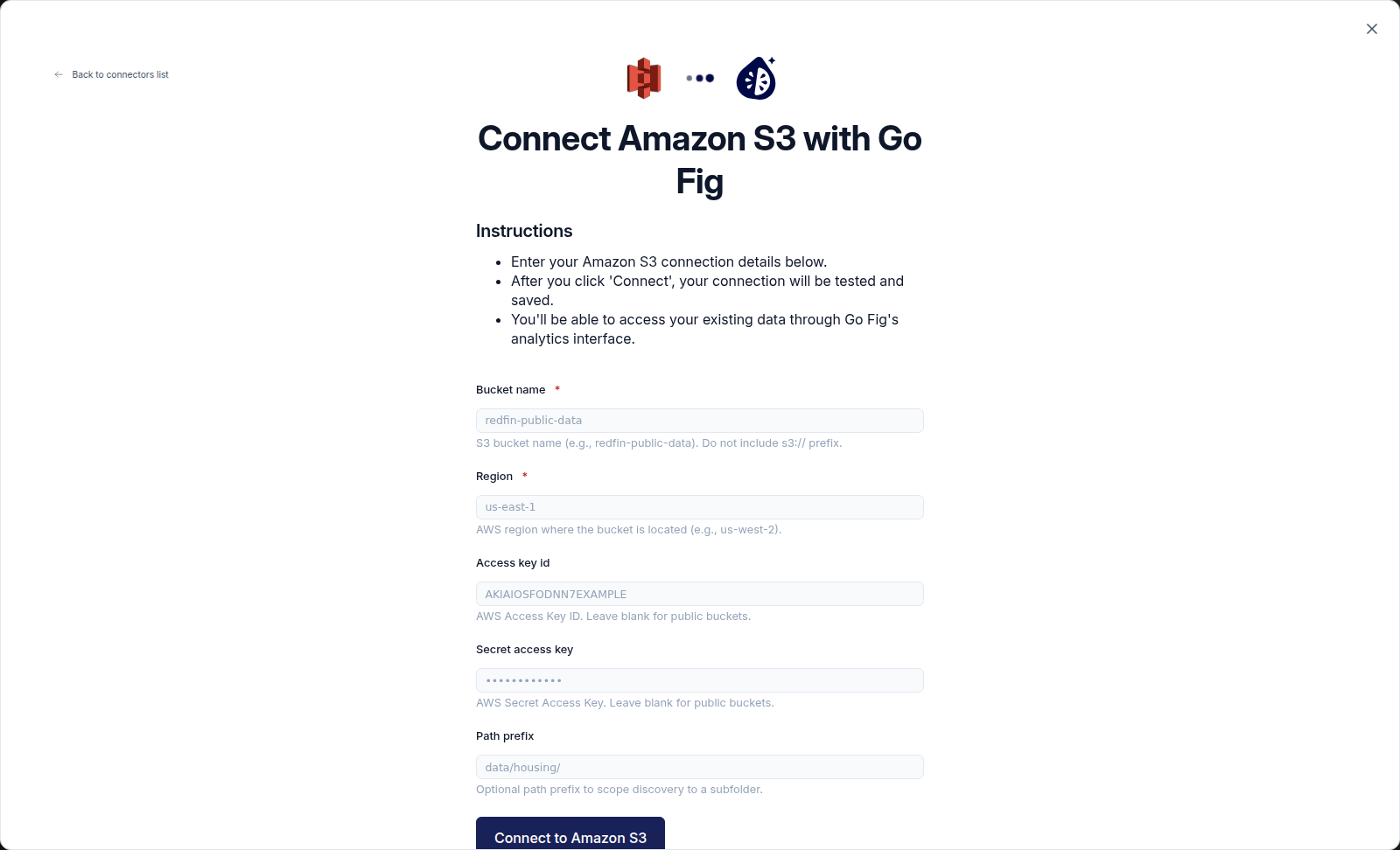 The Amazon S3 connection form with Bucket name, Region, Access Key ID, Secret Access Key, and Path prefix fields.