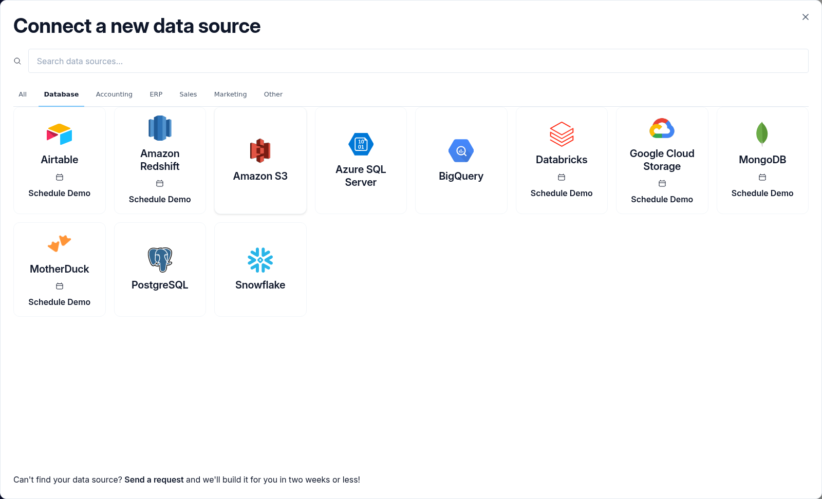 The Connect a new data source modal on the Database tab with the Amazon S3 connector tile highlighted.