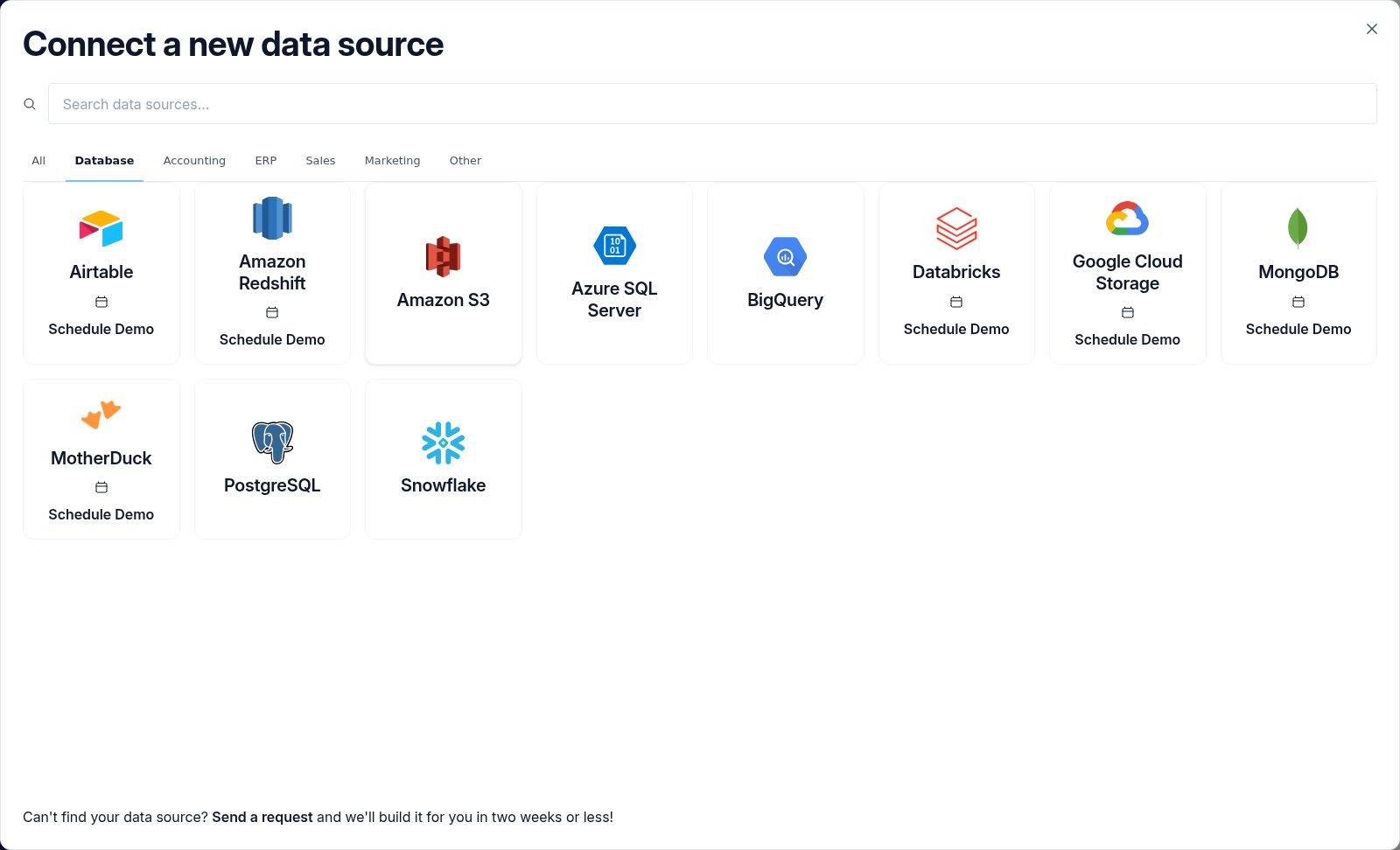 The Connect a new data source modal on the Database tab with the Amazon S3 connector tile highlighted.