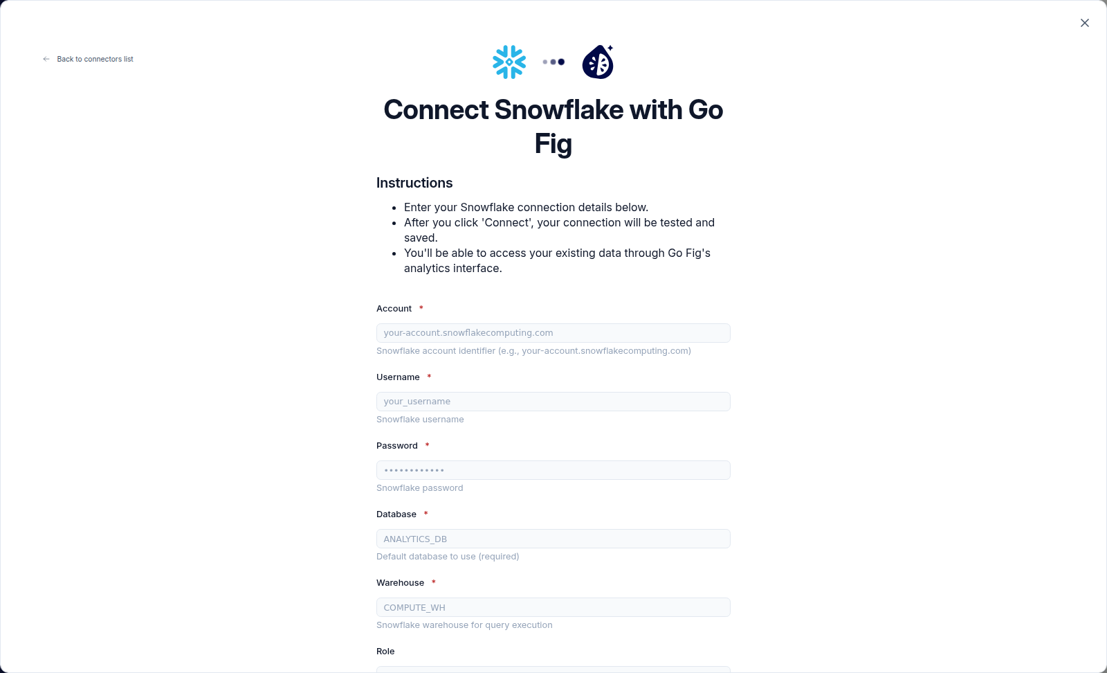 The Snowflake connection form with Account, Username, Password, Database, Warehouse, and Role fields.