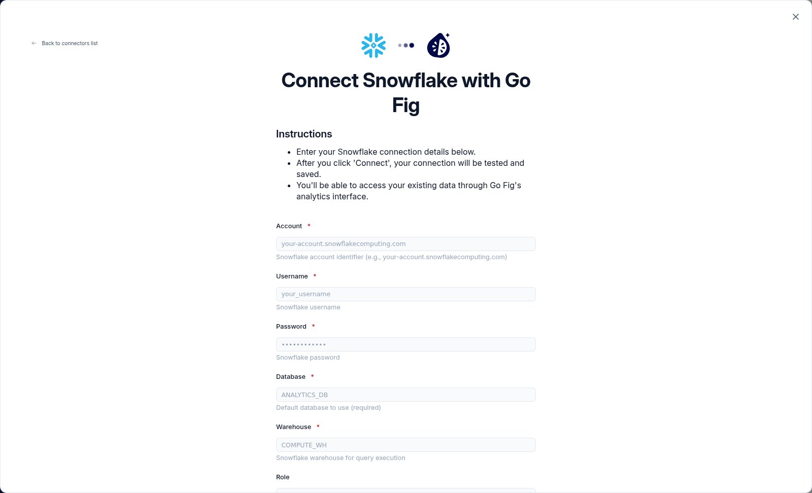 The Snowflake connection form with Account, Username, Password, Database, Warehouse, and Role fields.