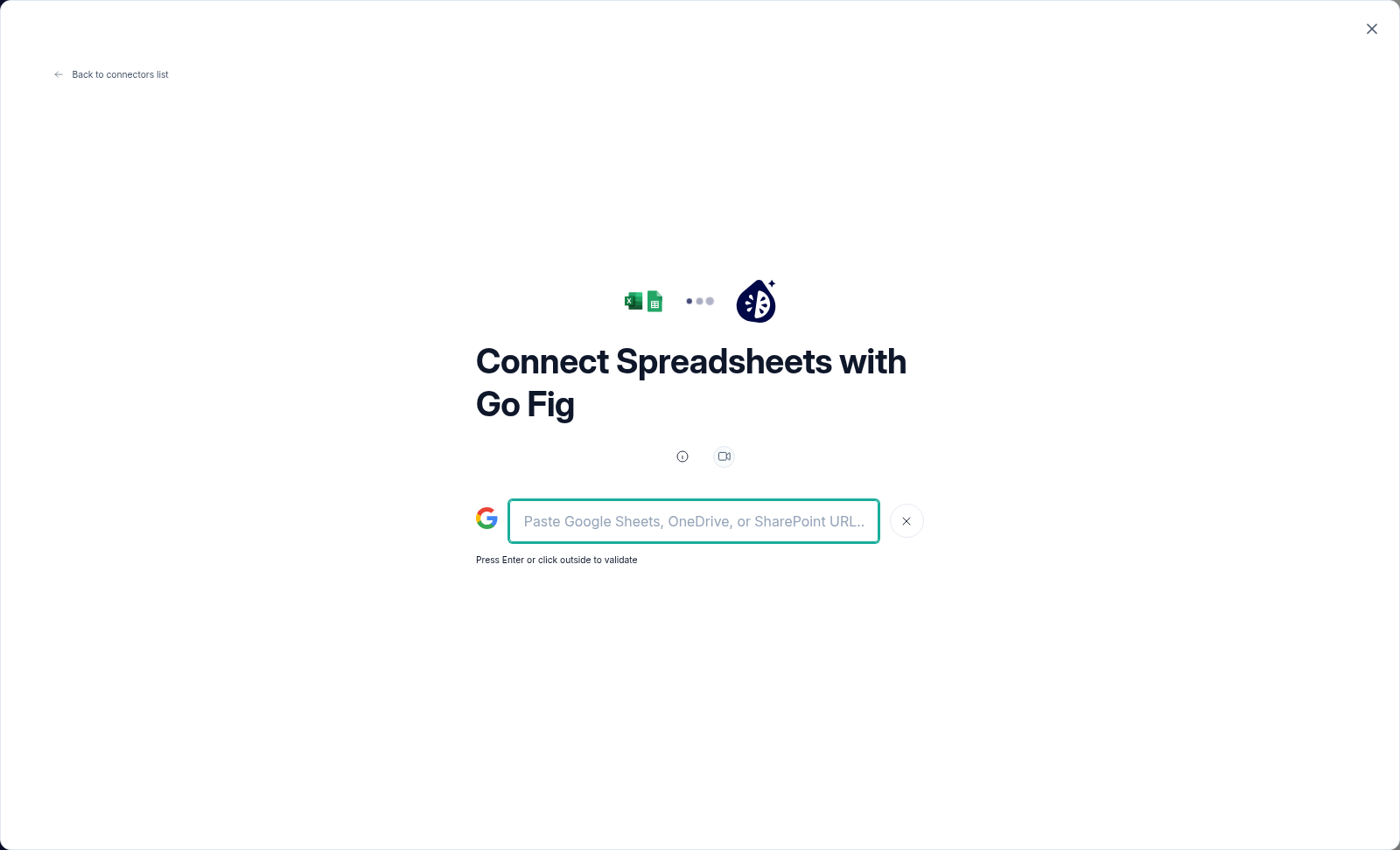 The Connect Google Sheets and Excel Online screen with a field to paste a Google Sheets, OneDrive, or SharePoint URL.