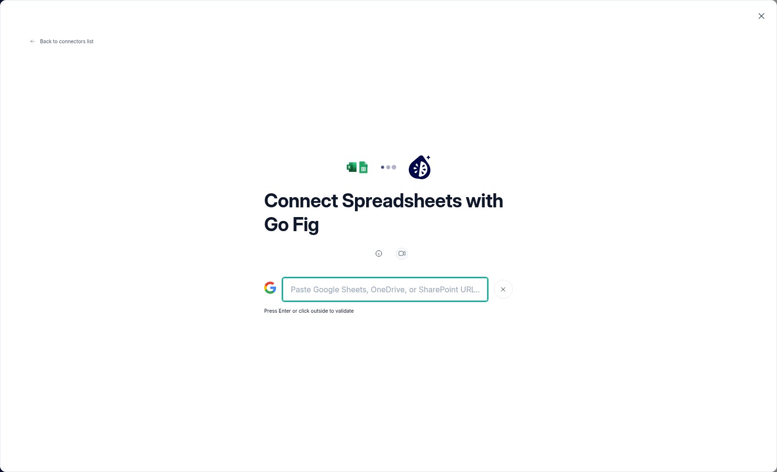 The Connect Google Sheets and Excel Online screen with a field to paste a Google Sheets, OneDrive, or SharePoint URL.