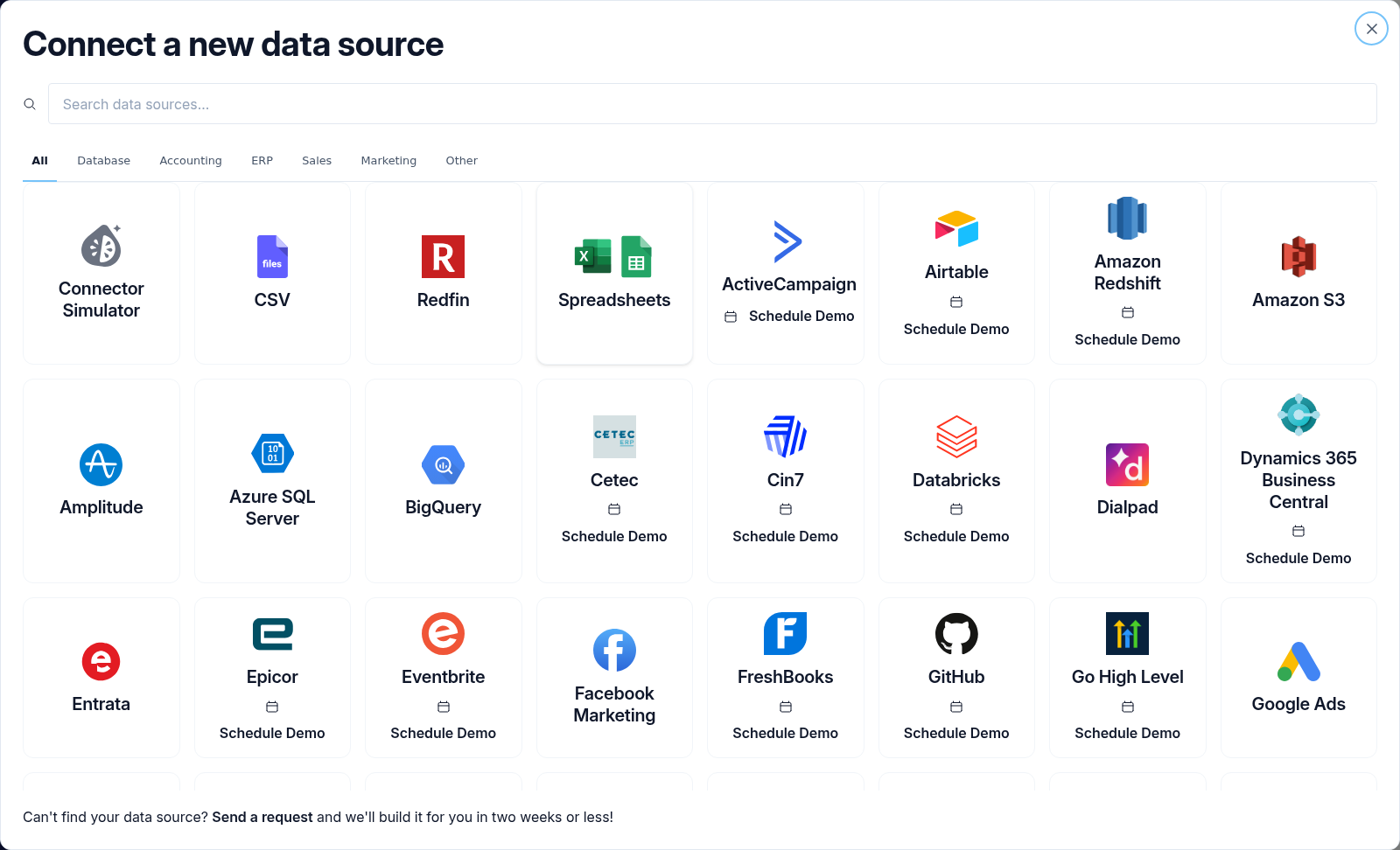 The Connect a new data source modal with the Google Sheets and Excel Online connector tile highlighted.