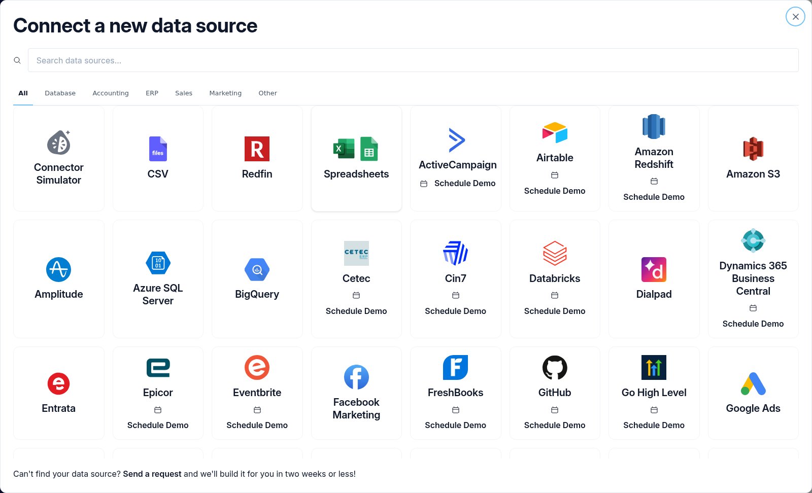 The Connect a new data source modal with the Google Sheets and Excel Online connector tile highlighted.