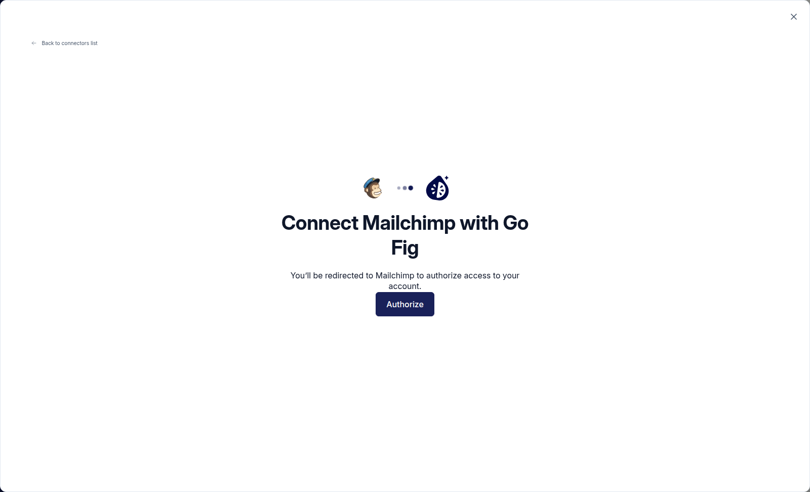 A sync connector connect screen with an Authorize button that redirects to the app to grant access.