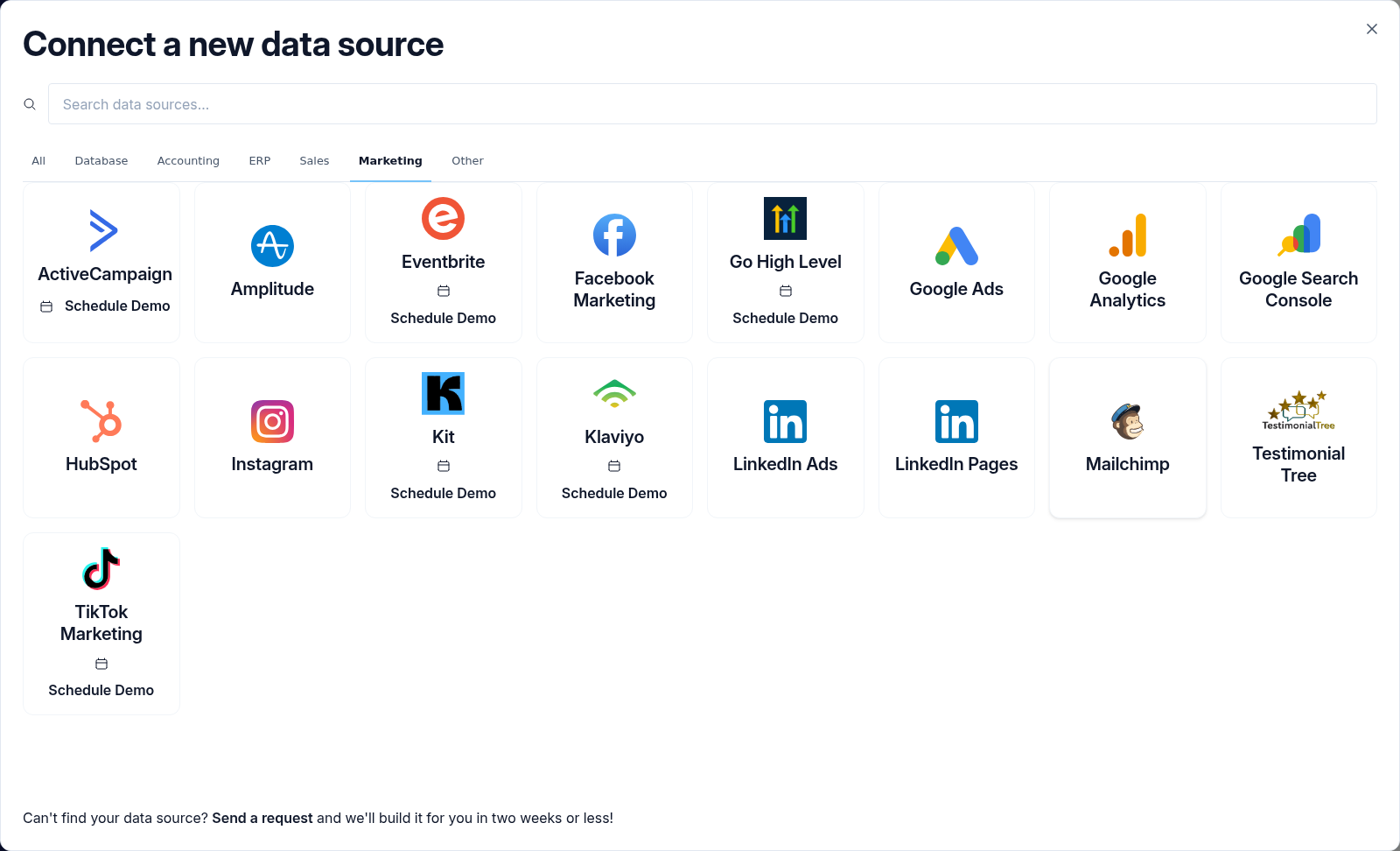The Connect a new data source modal on the Marketing tab showing the grid of available sync connectors.