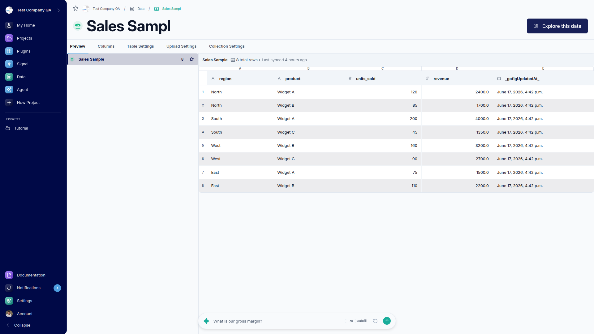 The uploaded collection showing the table preview with rows of data and the table listed in the sidebar.