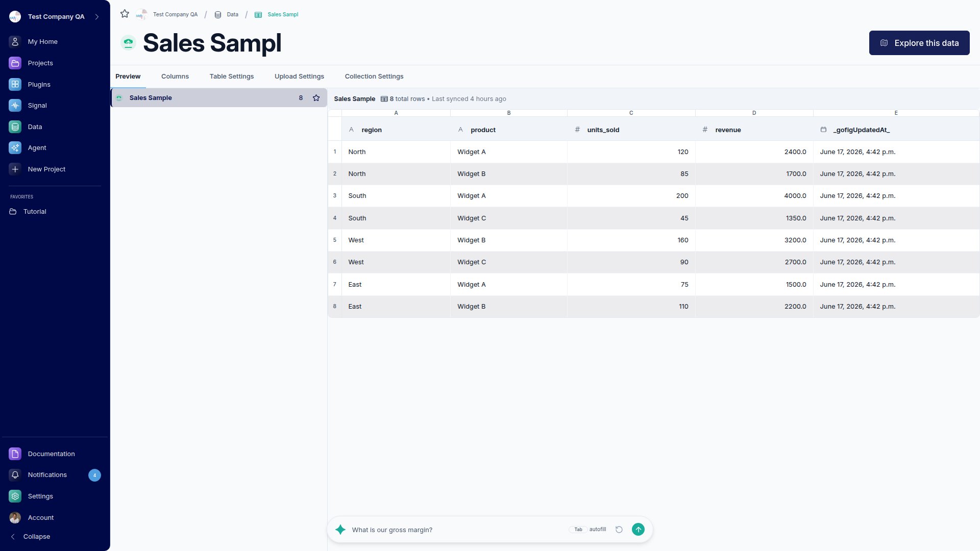 The uploaded collection showing the table preview with rows of data and the table listed in the sidebar.