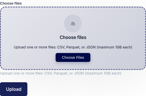 The file upload drop zone with a Choose Files button, noting supported formats CSV, Parquet, and JSON (maximum 1GB each).