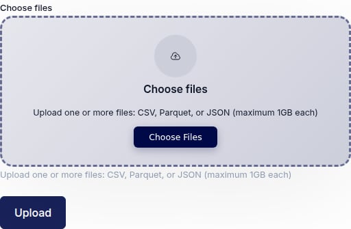 The file upload drop zone with a Choose Files button, noting supported formats CSV, Parquet, and JSON (maximum 1GB each).