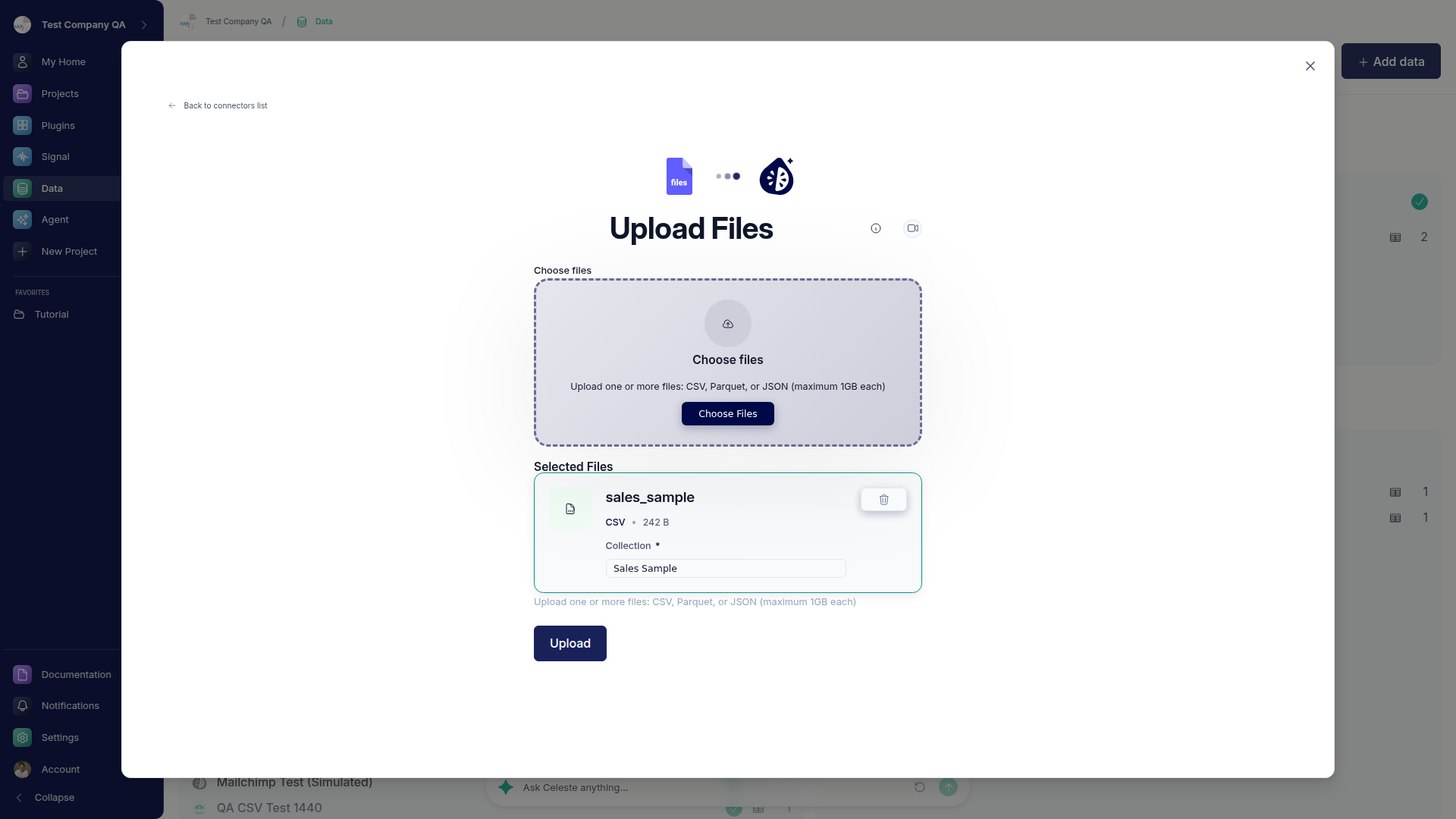 The upload dialog with a selected CSV file and the Collection name field filled in.