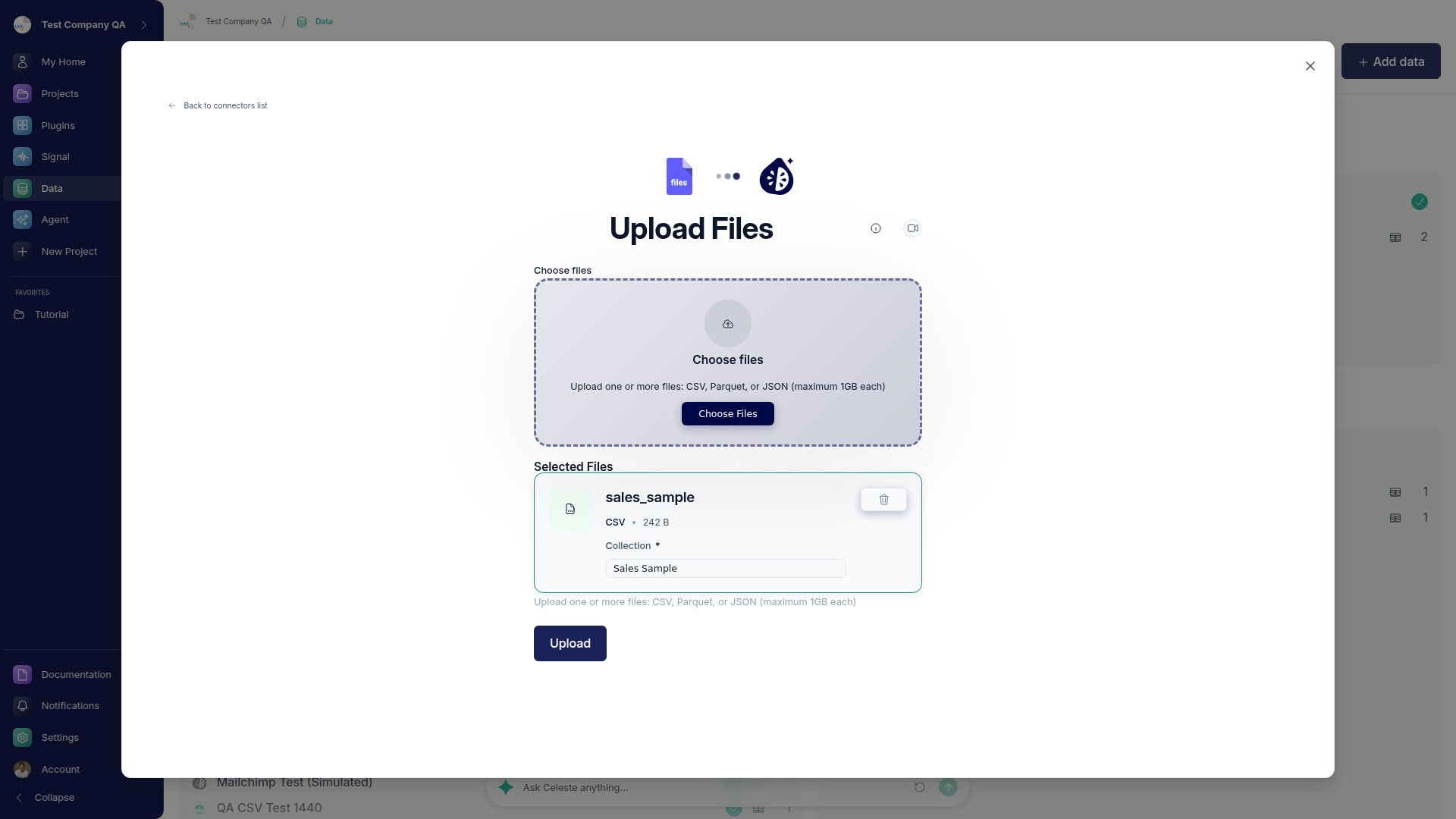The upload dialog with a selected CSV file and the Collection name field filled in.
