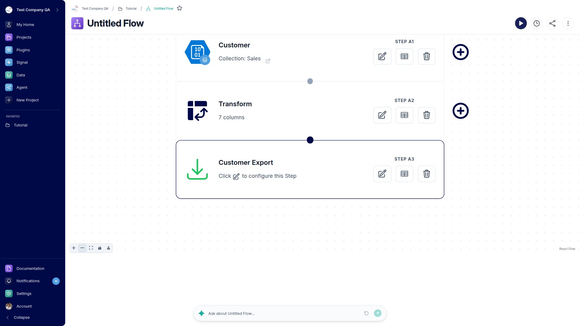 A Flow canvas with a top-to-bottom chain of nodes: Get Data, Transform, and Save Table.