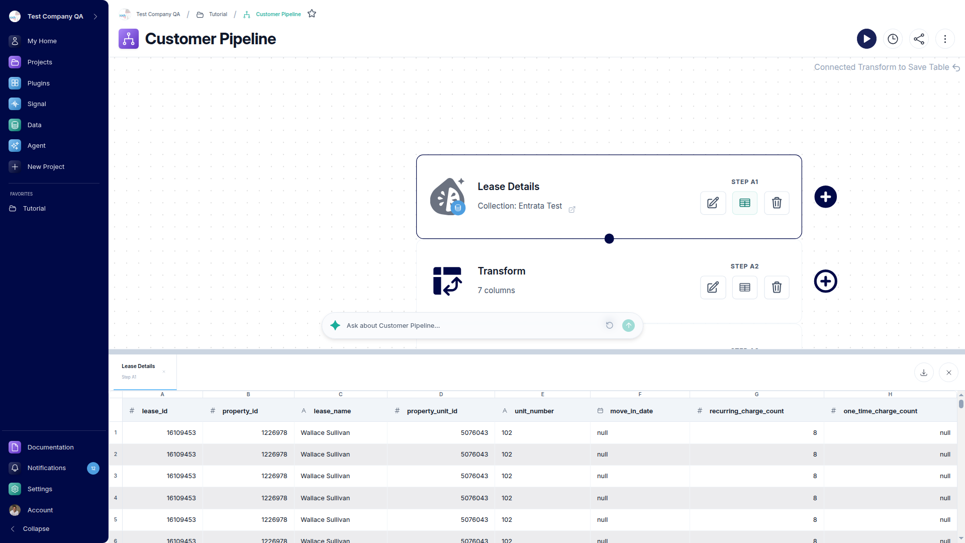 A node's preview panel showing the output rows and columns at that step of the Flow.