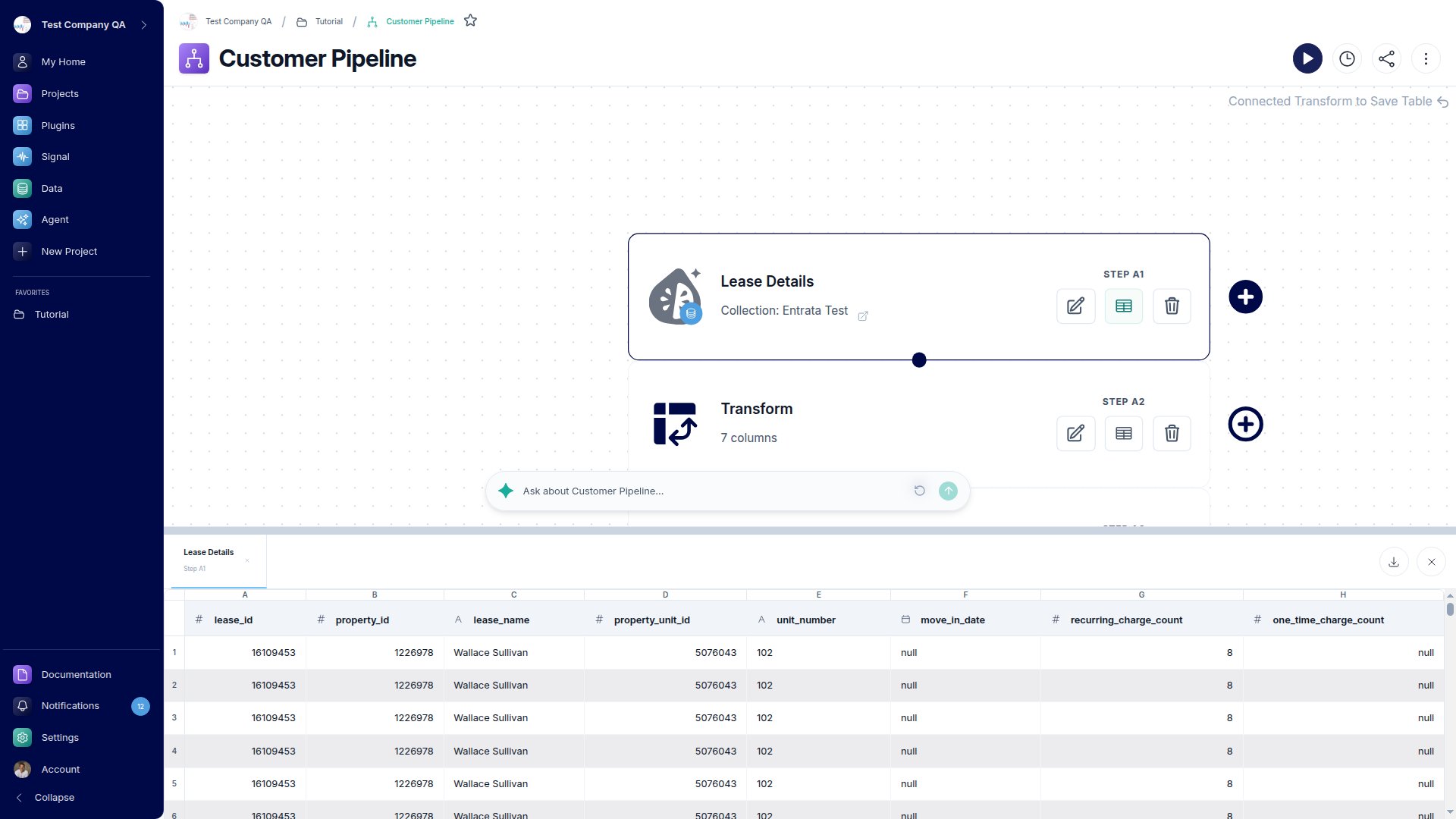 A node's preview panel showing the output rows and columns at that step of the Flow.