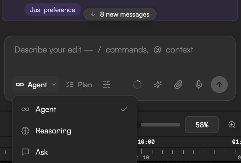 Chat mode dropdown showing Agent, Reasoning and Ask