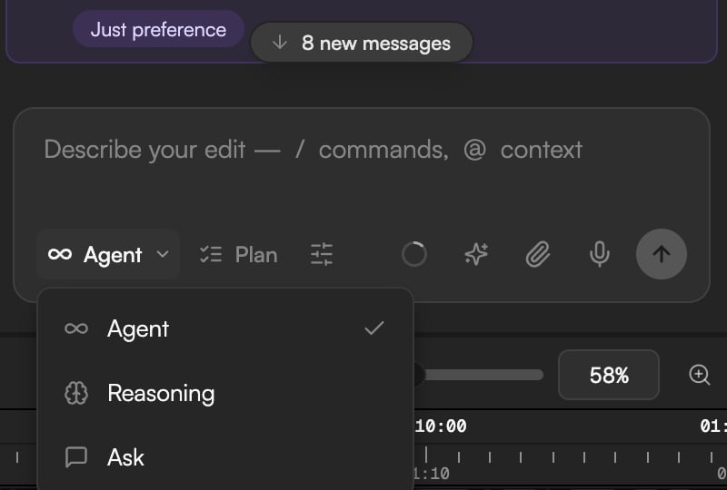 Chat mode dropdown showing Agent, Reasoning and Ask