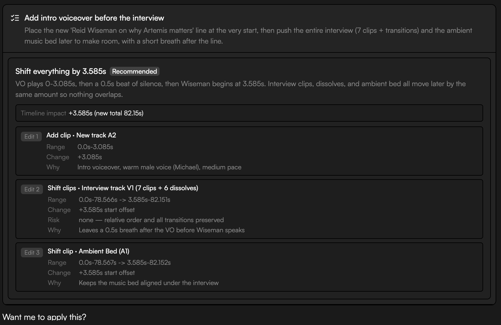 An edit proposal card: the same review-then-apply pattern a plan card uses