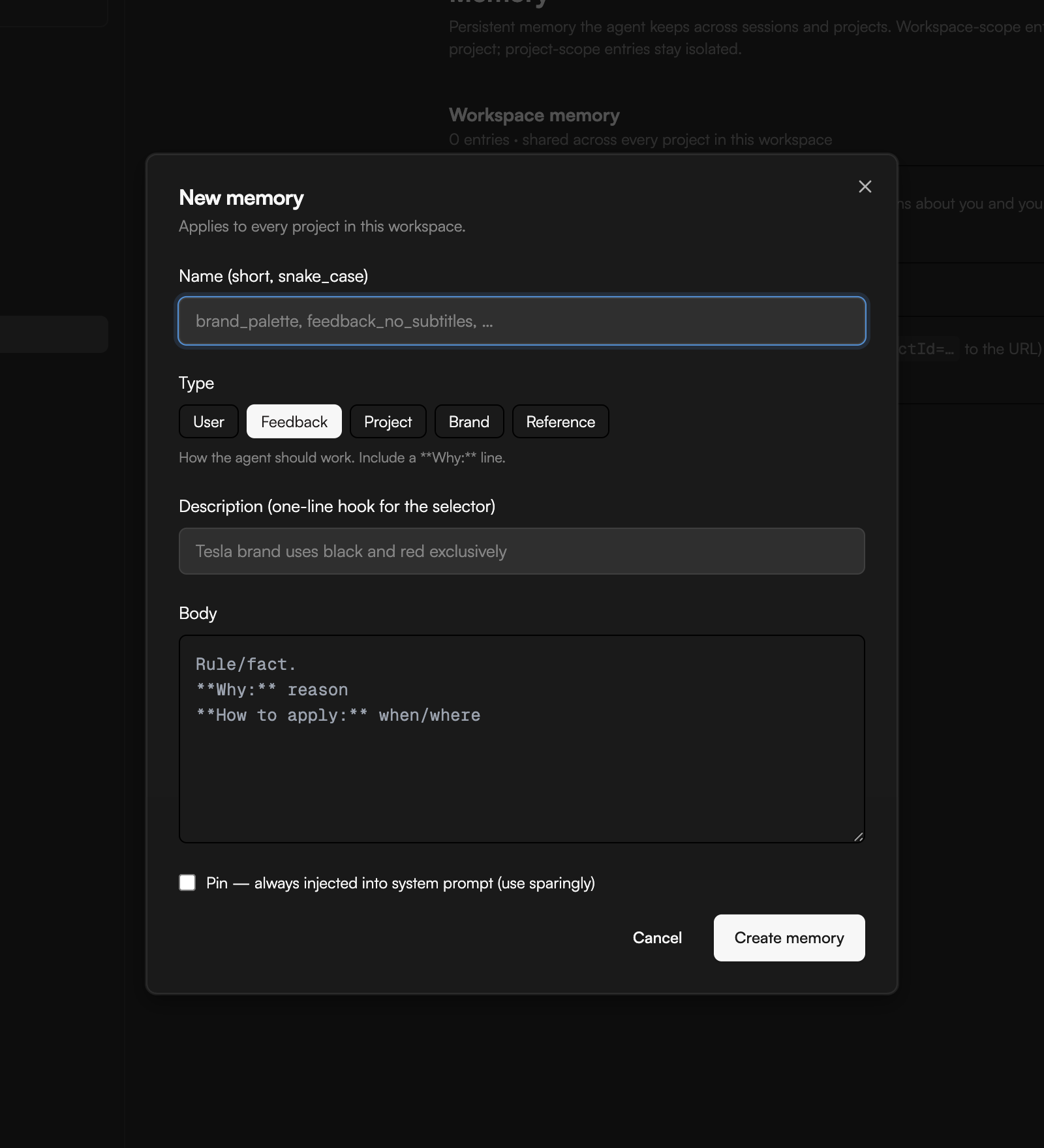 New memory dialog with Name, Type chips, Description, Body and Pin checkbox