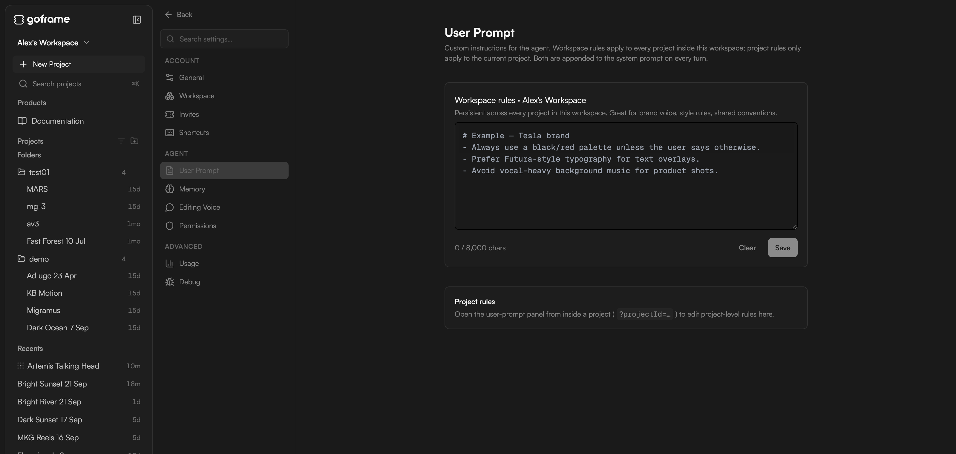 User Prompt section with Workspace rules and Project rules editors