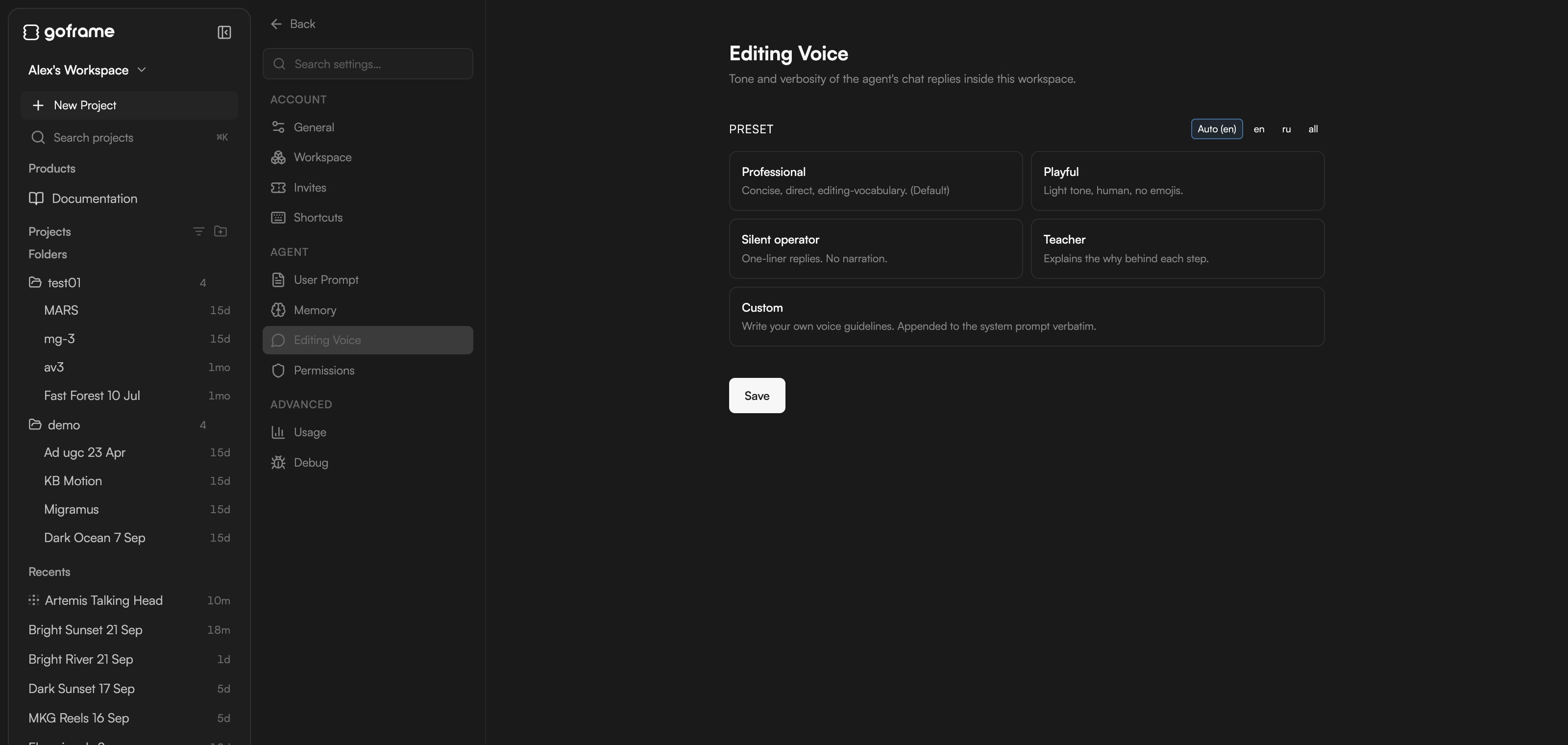Editing Voice section with the preset cards and the Custom editor