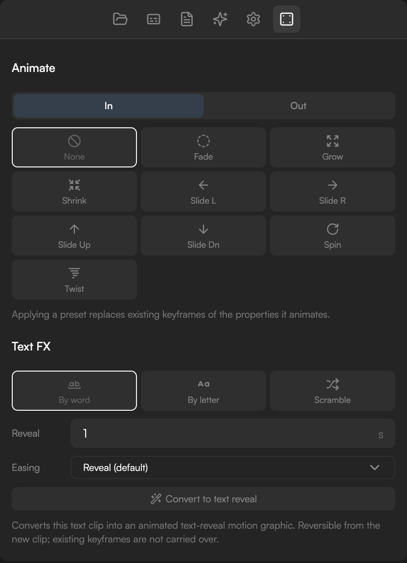 Animate section in the Inspector with the In tab selected, the Fade preset active and Duration and Delay fields