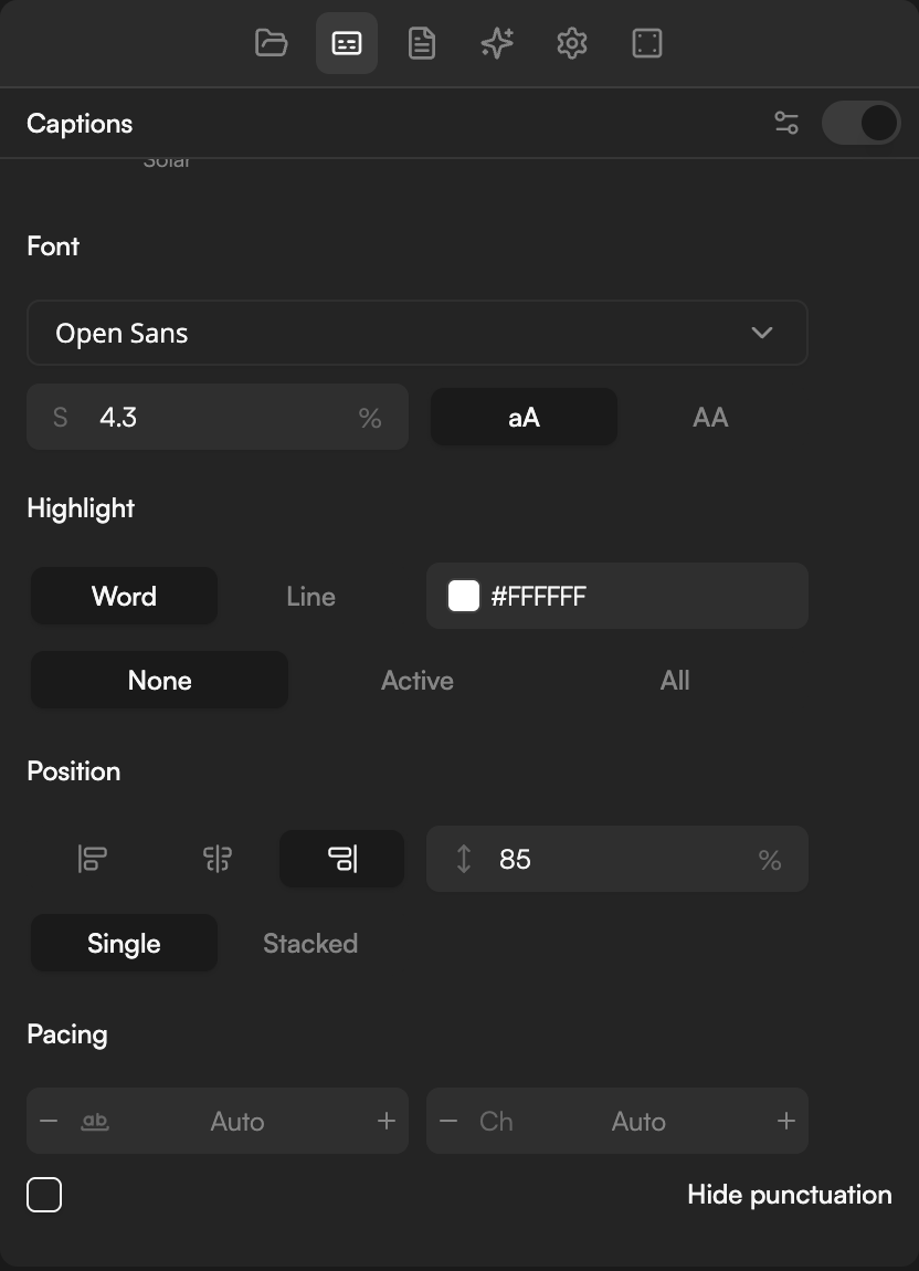 Fine-tune controls: Font, size, case buttons, Highlight Word/Line and colour, word boxes, Position, Single/Stacked and Pacing