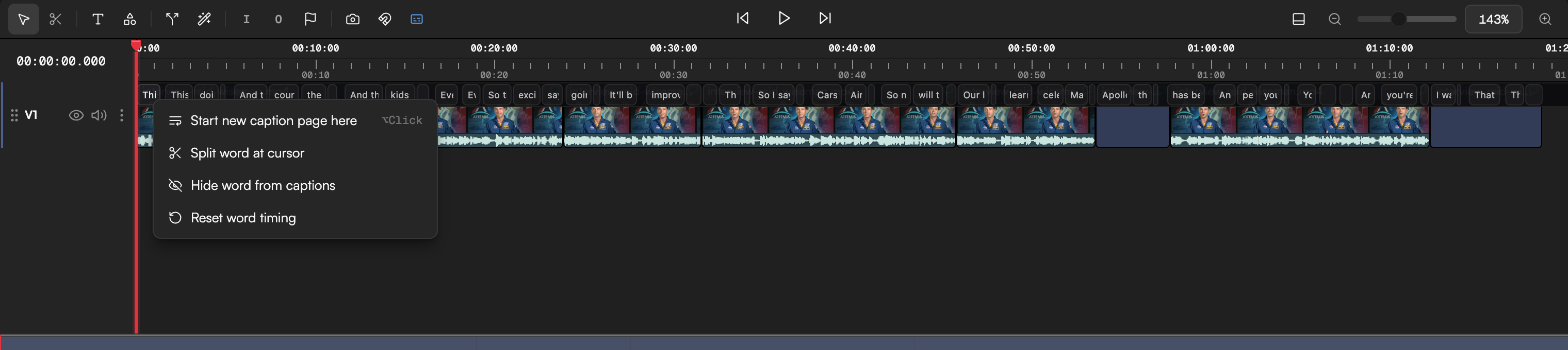 The caption word-timing lane on the timeline