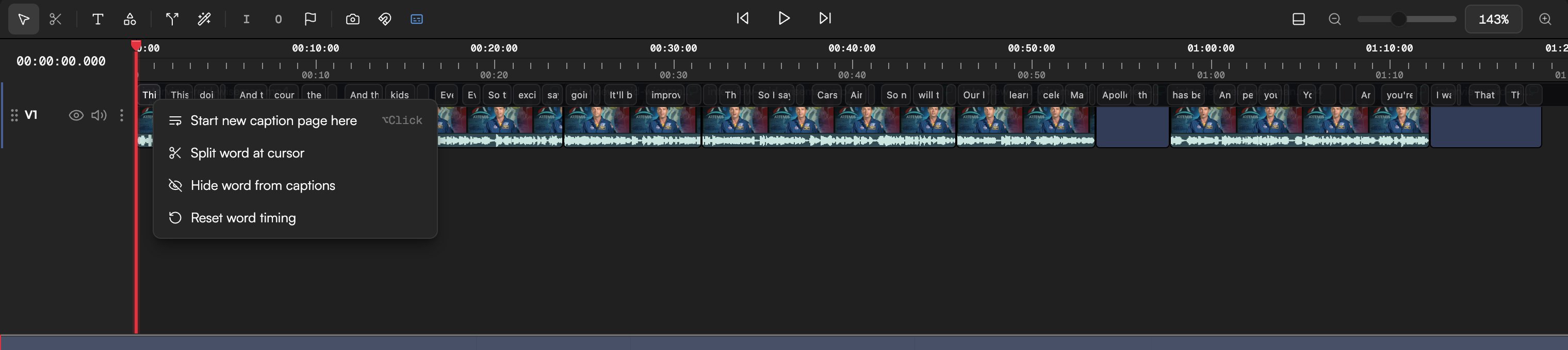 The caption word-timing lane on the timeline
