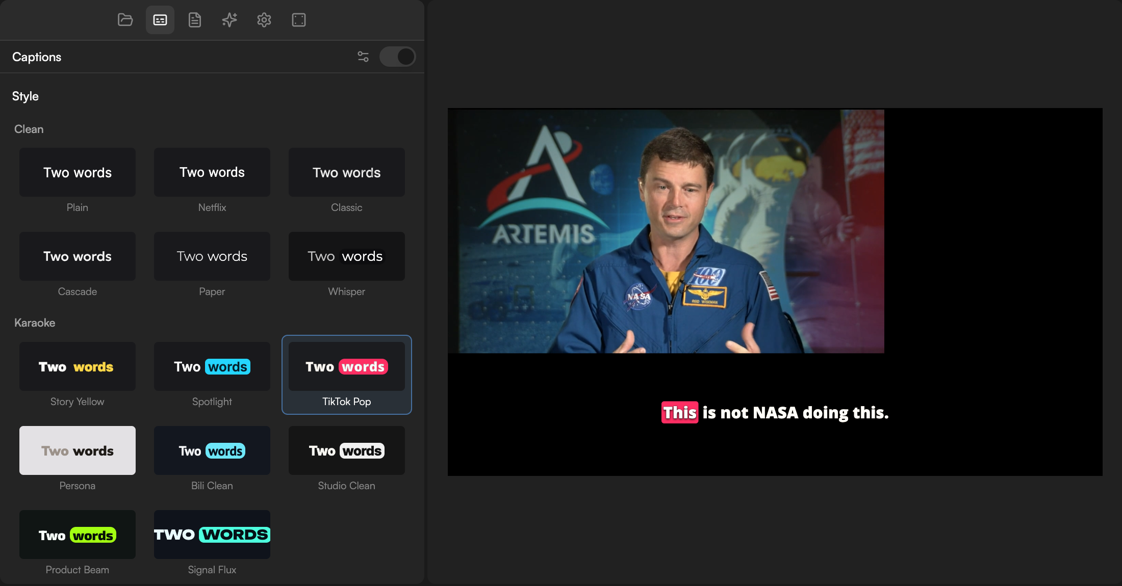 Captions panel with the Show captions switch on, a Karaoke preset applied and the fine-tune controls below