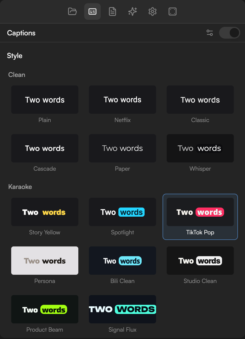 Preset gallery showing the Clean, Karaoke, Editorial and Loud groups