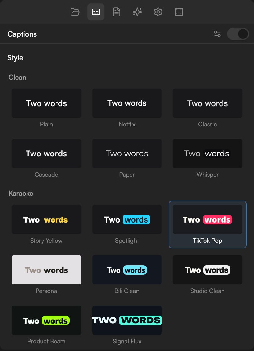 Preset gallery showing the Clean, Karaoke, Editorial and Loud groups