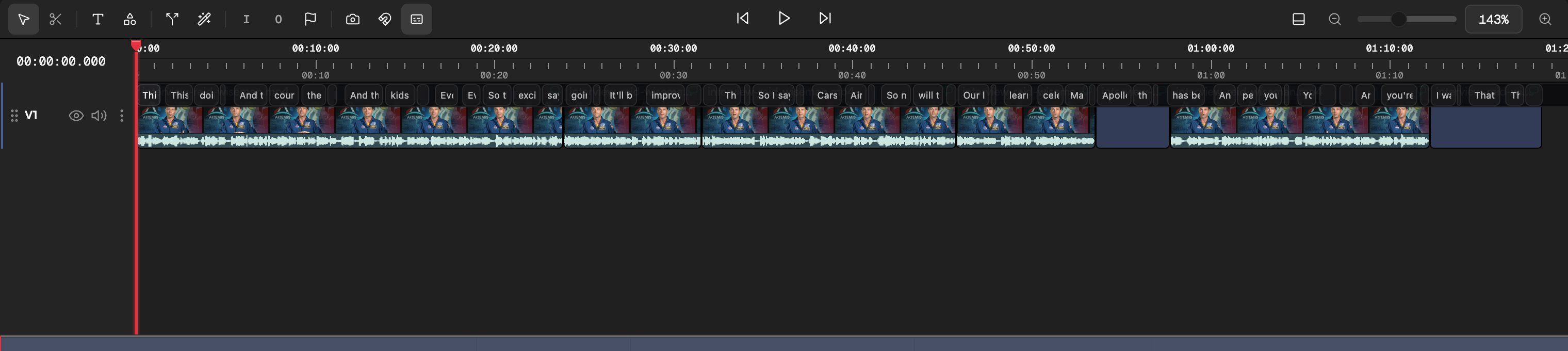Caption word timing lane on the Timeline with a word being dragged and the context menu open