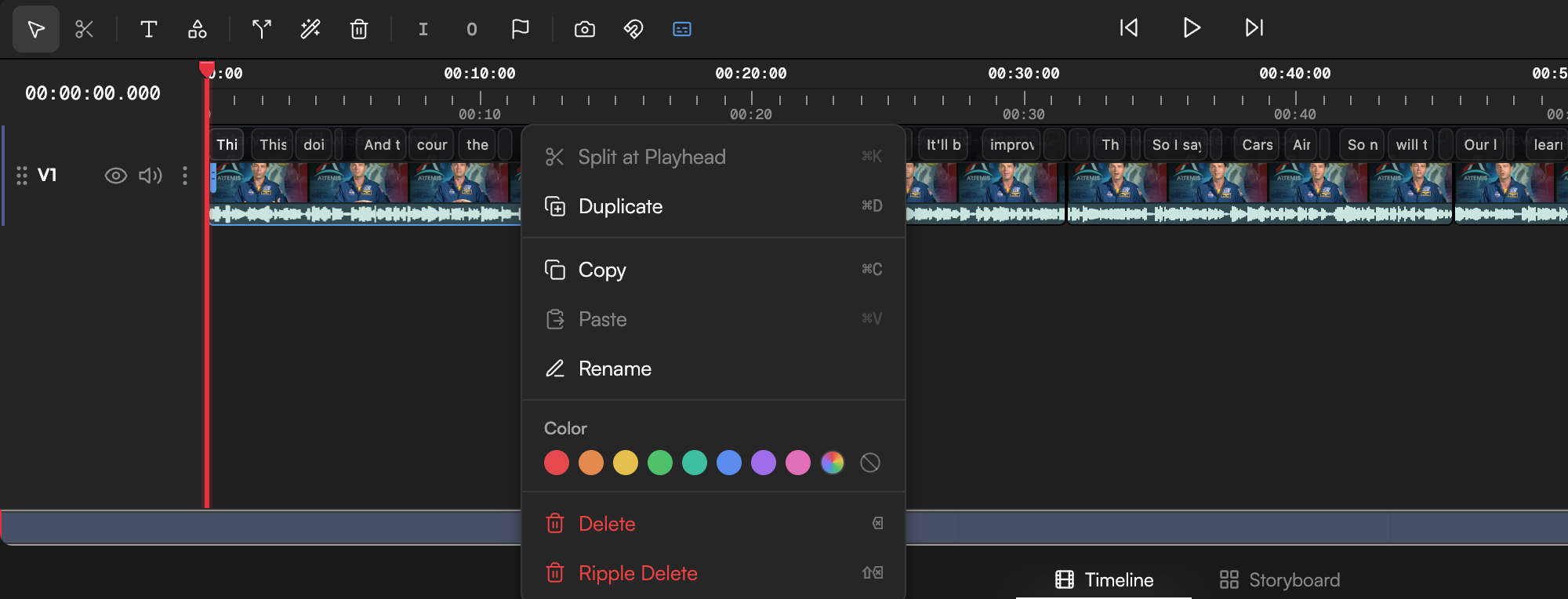 Right-click menu on a video clip listing Split at Playhead, Duplicate, Copy, Paste, Rename, Color, Delete and Ripple Delete