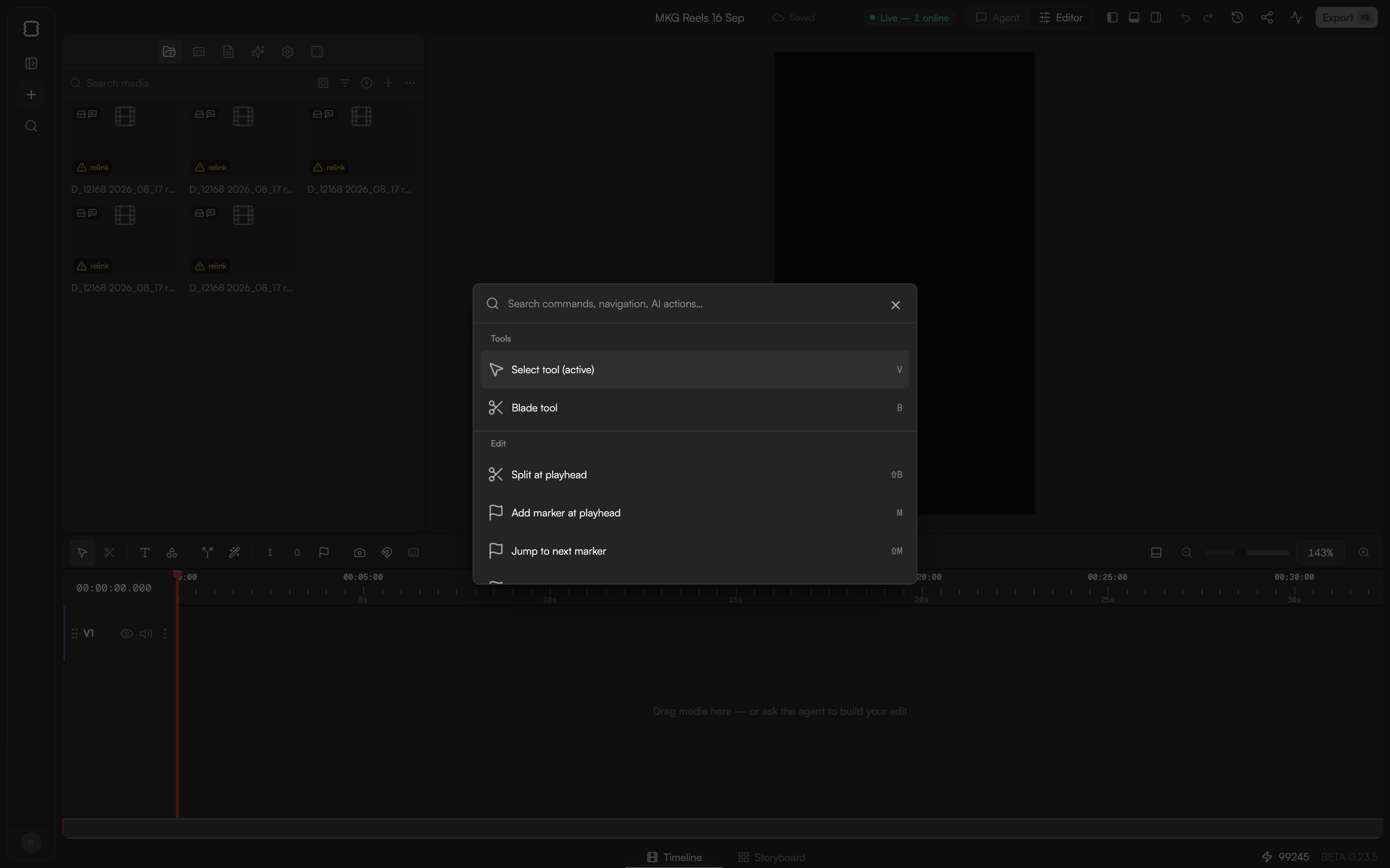 The timeline command palette with its Tools, Edit, Navigation, View, Timeline, Tracks and AI groups