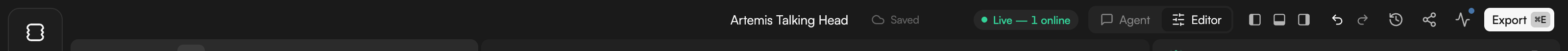 The top bar with project title, save status, Live pill, Agent/Editor switcher, panel toggles, undo/redo, Version history, Share, Background tasks and Export