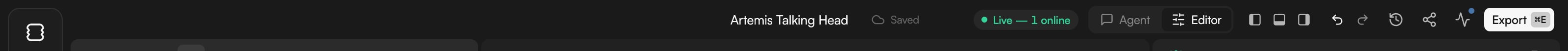 The top bar with project title, save status, Live pill, Agent/Editor switcher, panel toggles, undo/redo, Version history, Share, Background tasks and Export
