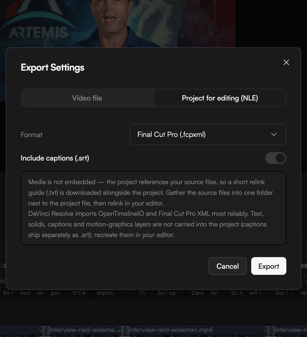 Export Settings dialog with Project for editing (NLE) selected, showing the Format picker, the Include captions switch and the relink note
