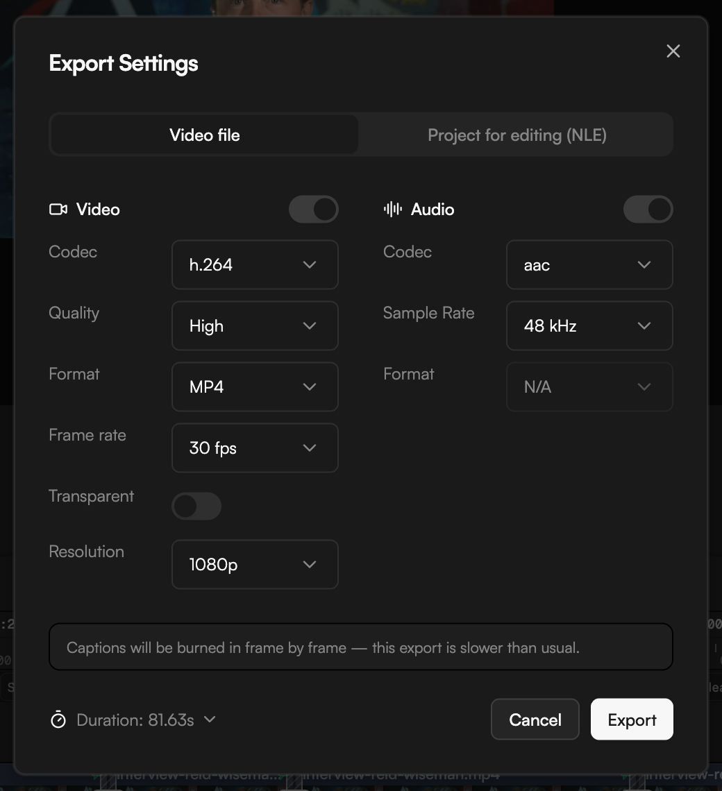 Transparent switch turned on with the WebM and ProRes choice and the ProRes memory budget note