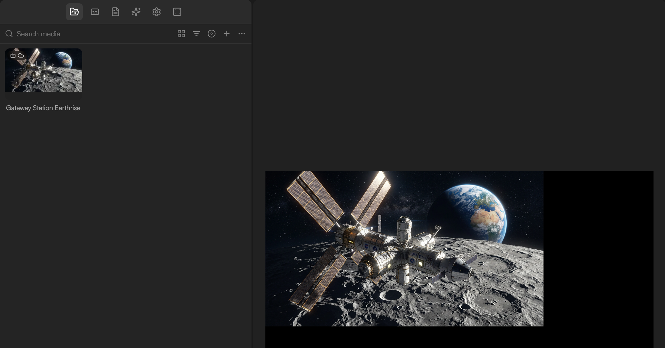 Media pool info panel showing the Created by AI agent badge and the AI-generated model, variant and prompt for a generated image
