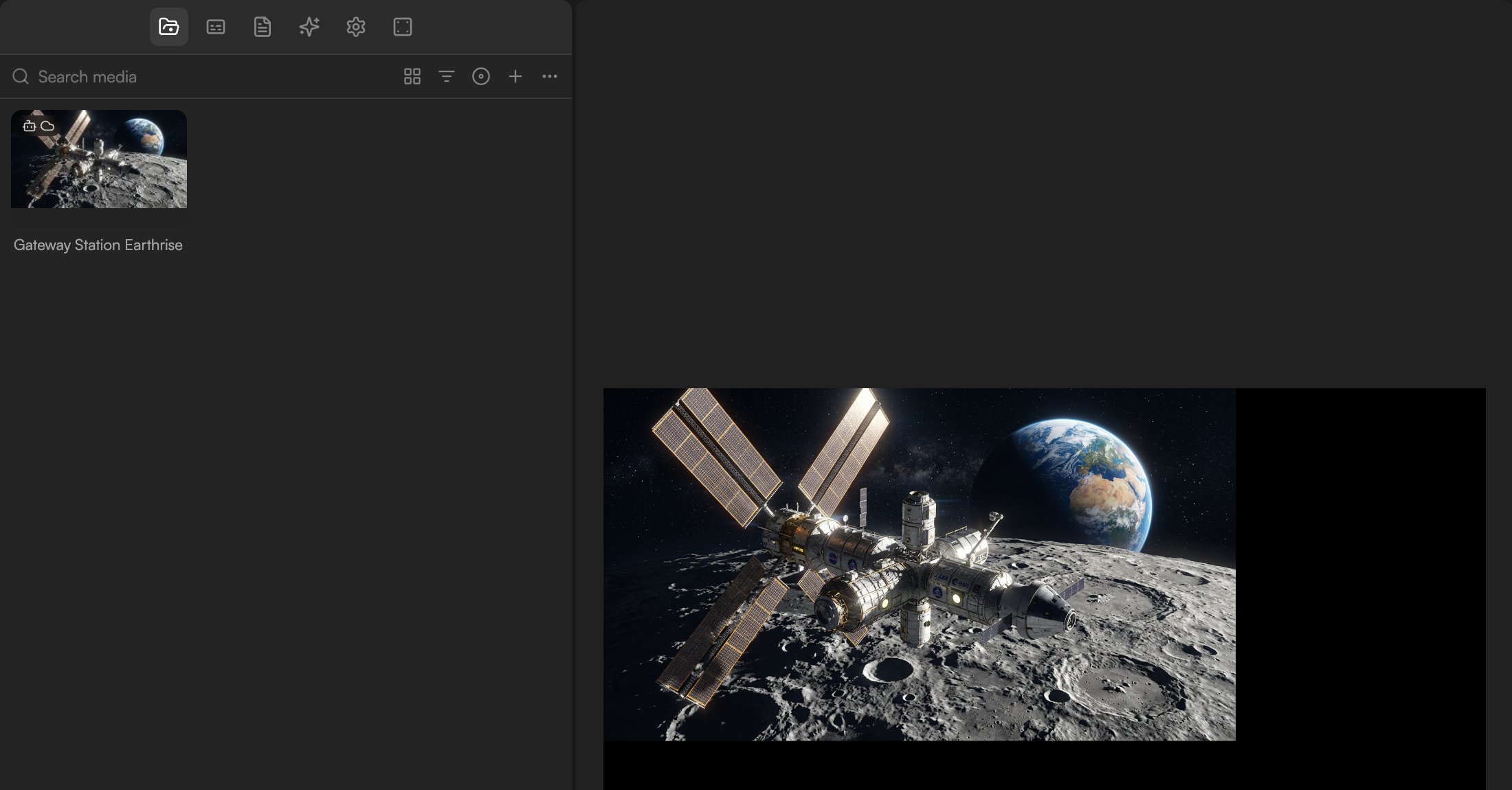 Media pool info panel showing the Created by AI agent badge and the AI-generated model, variant and prompt for a generated image