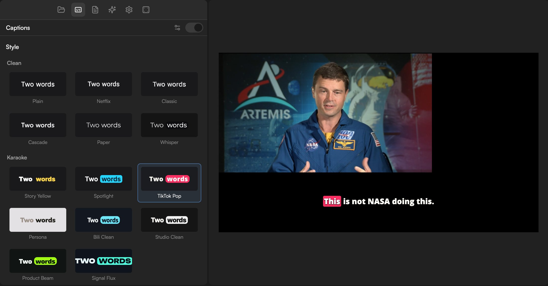 The Captions panel with a Karaoke preset applied and captions visible in Preview