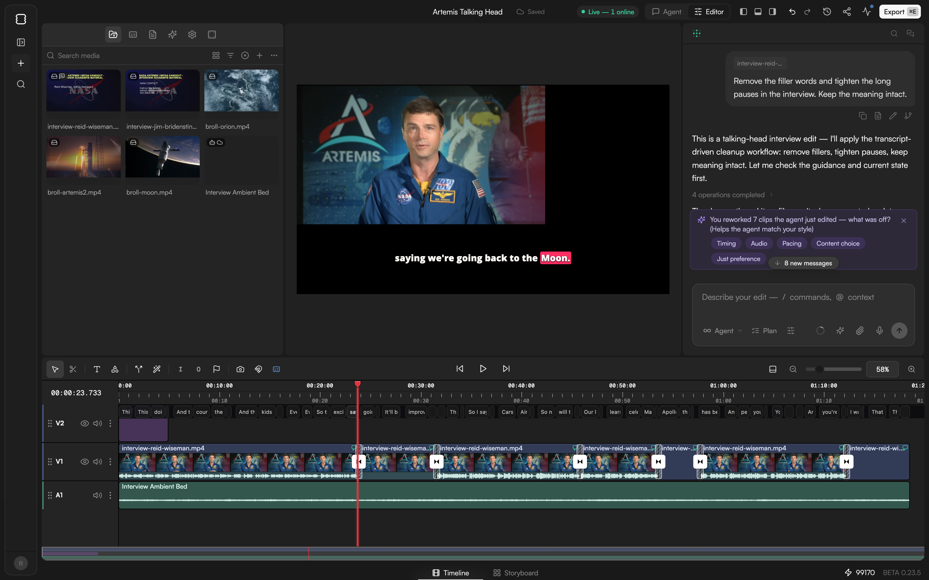 Editor layout with the left panels, Preview, agent chat and the Timeline