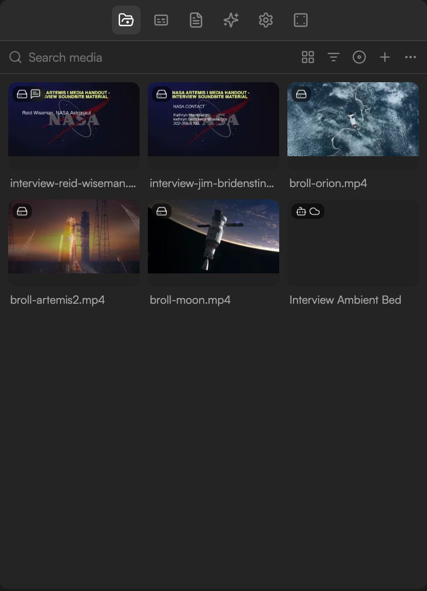 The Media pool with imported clips and their Cloud Sync status