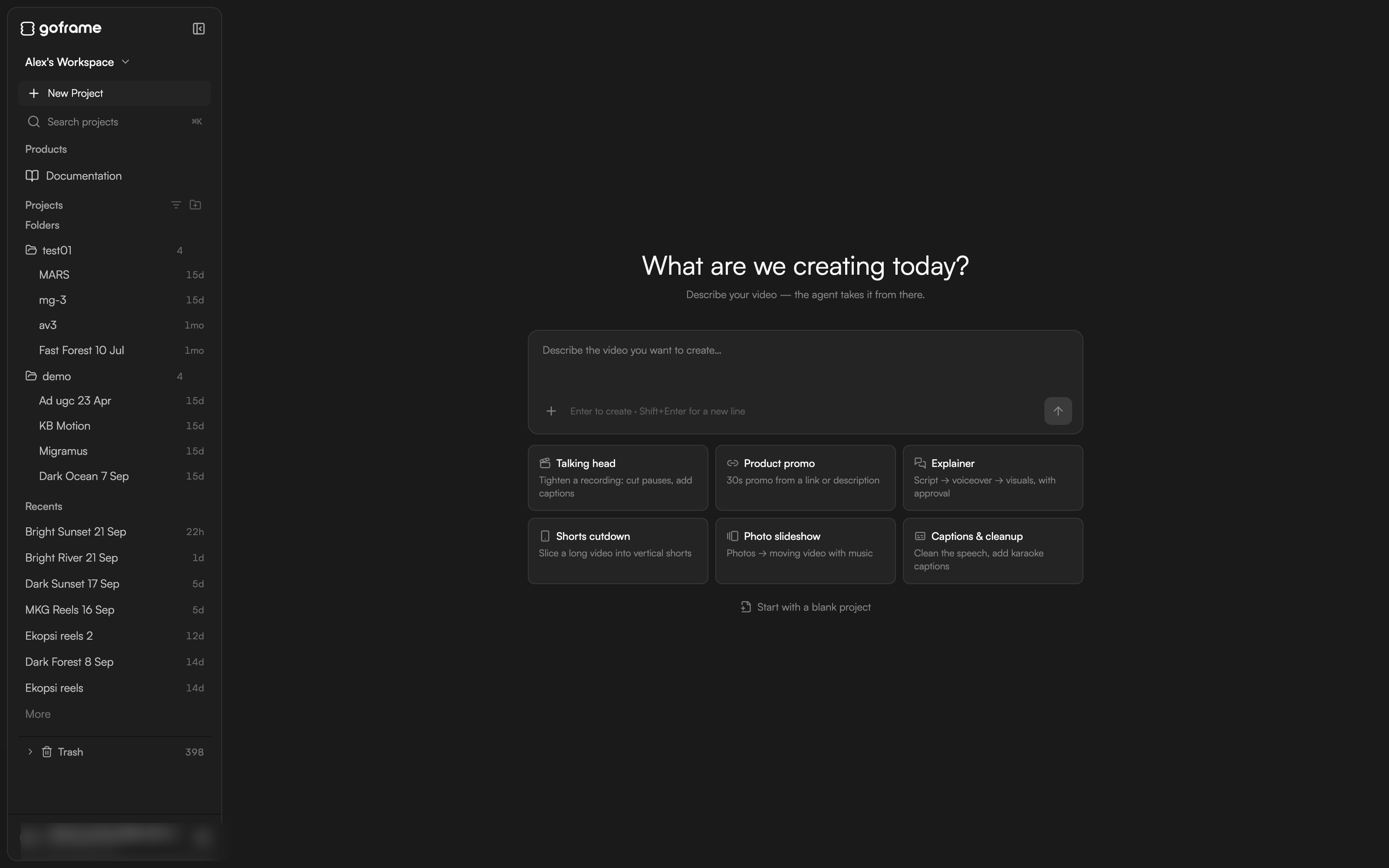 The Home page with the greeting, prompt composer, template cards and the project sidebar