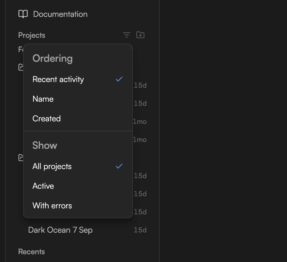 The List options menu with Ordering and Show filters