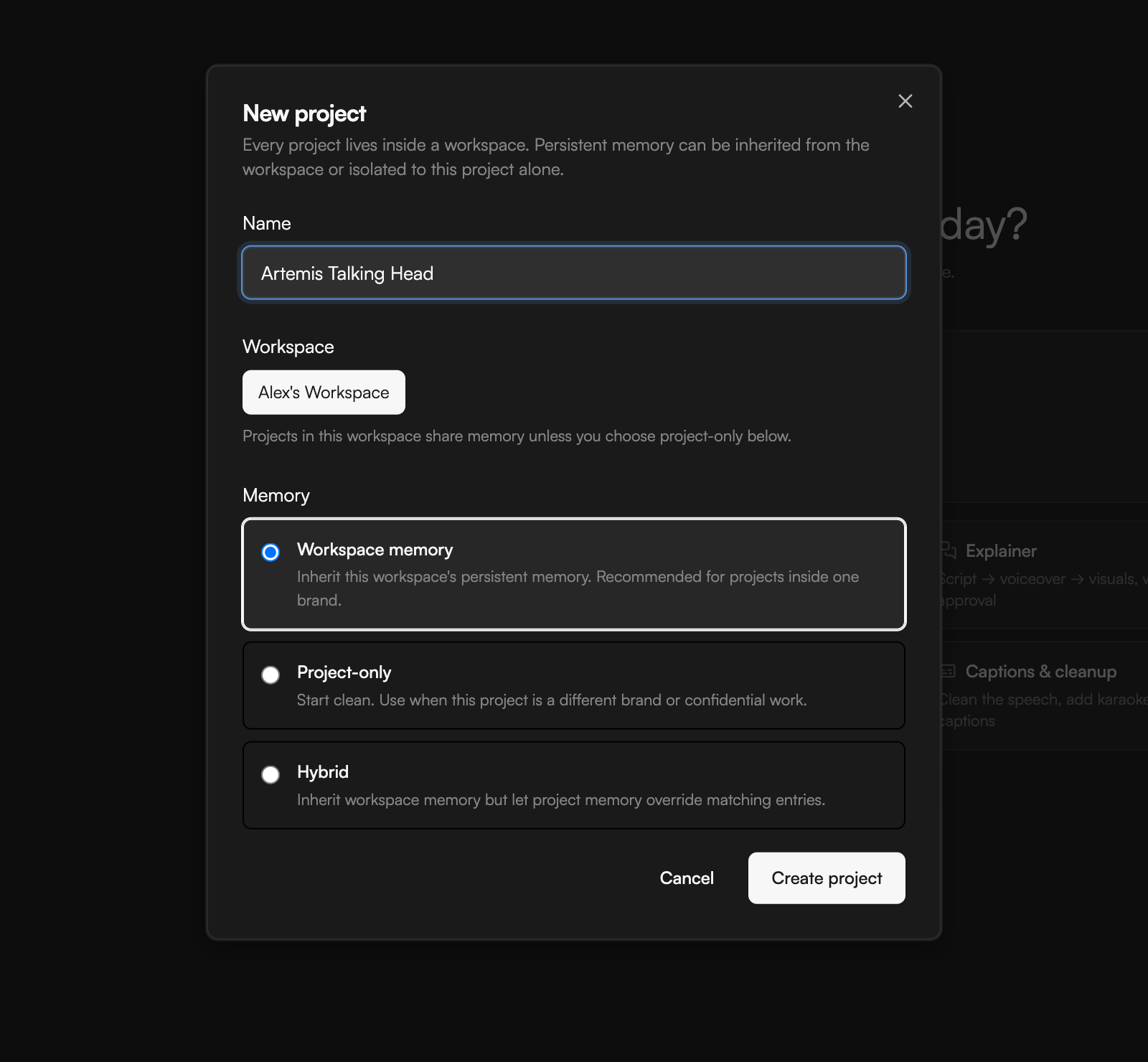 The New project dialog with Name, Workspace and the three Memory options