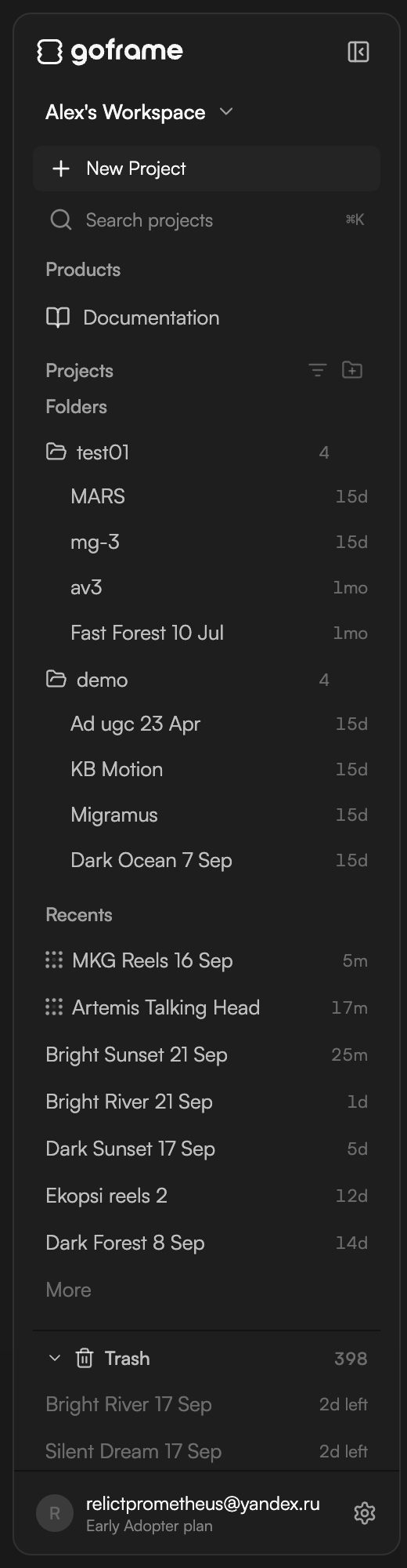 The project sidebar showing Recents, Pinned, Folders, Archived and Trash with a project menu open